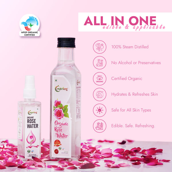 Nutriorg Certified Organic Rose Water 250ml and Get 100ml Spray Bottle Free